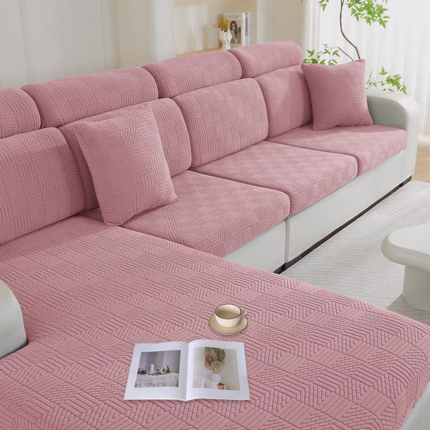Copertura elastica universale antiscivolo per cuscini di divano, chaise longue, colore rosa