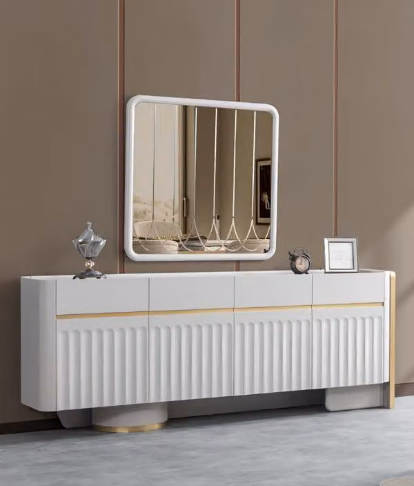 Sideboard mit Spiegel Schrank Kommode Weiß Holz Edelstahl Esszimmer