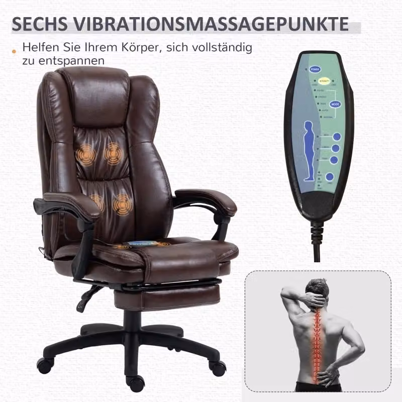 Sedia da ufficio executive in similpelle marrone con massaggio, schienale reclinabile, poggiapiedi e rotazione a 360° – 2