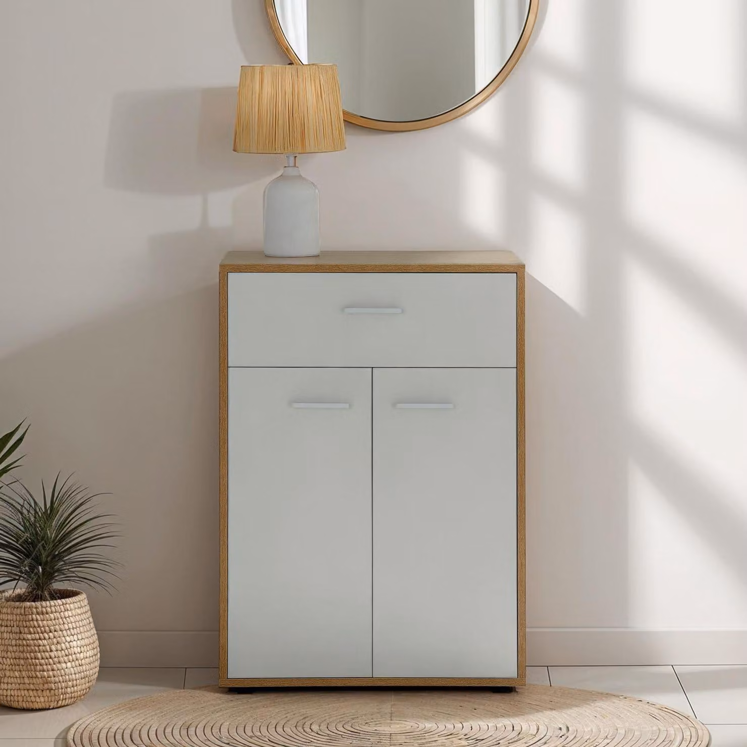 Comò, credenza, mobile TOMMY in rovere Sonoma / bianco, credenza alta con cassetto e 2 ante