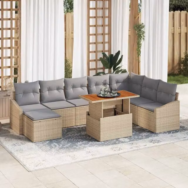 vidaXL Set Divano da Giardino Moderno a Forma di U in Polyrattan Beige con 9 Pezzi e Cuscini Inclusi – 1