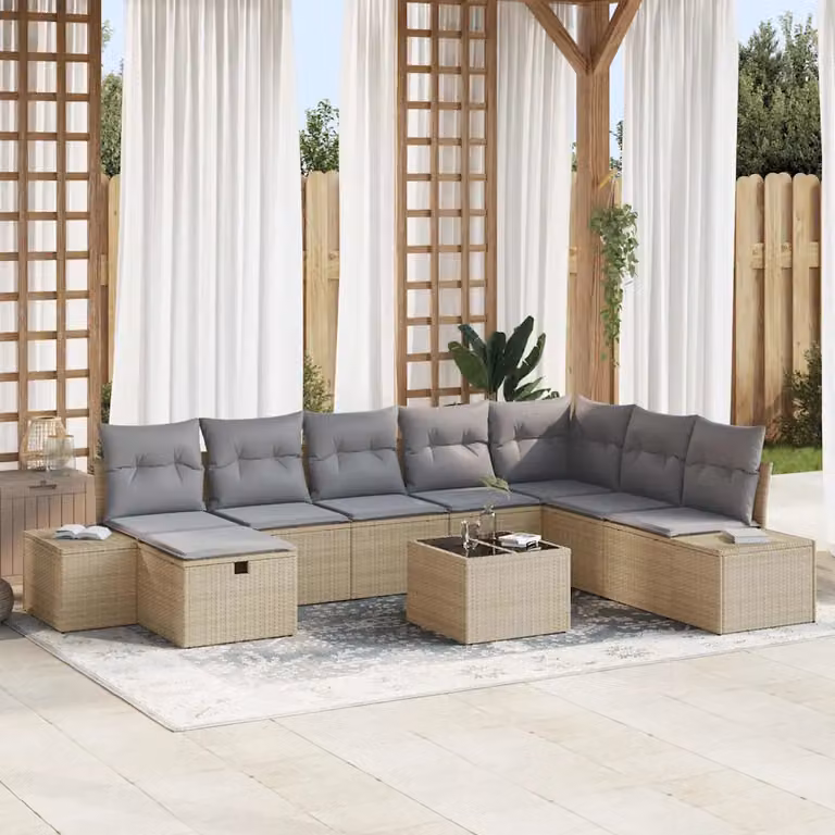 Set Divano da Giardino vidaXL 9 Pezzi Beige con Cuscini e Tavolino in Polyrattan e Metallo