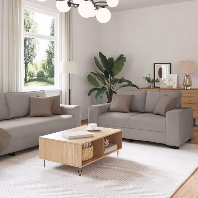Set di divani vidaXL composto da un divano a 2 posti e uno a 3 posti in tessuto beige e grigio con cuscini coordinati e braccioli per soggiorno