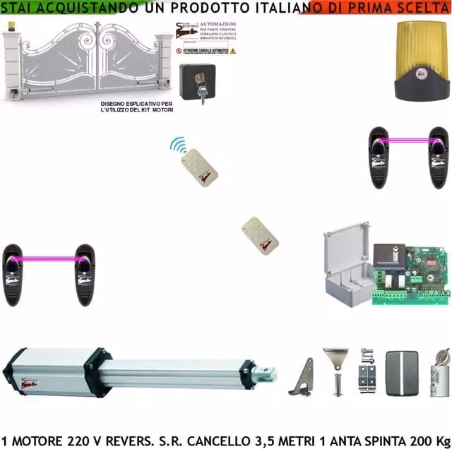 Cancello Elettrico 3,5 Metri Kit Automatismo 1 Motore Elettromeccanico 230 V Stelo Retrattile Reversibile Corsa 600 mm Spinta 250 Kg Centrale 2 Coppie Fotocellule 2 Radiocomandi Faro Selettore