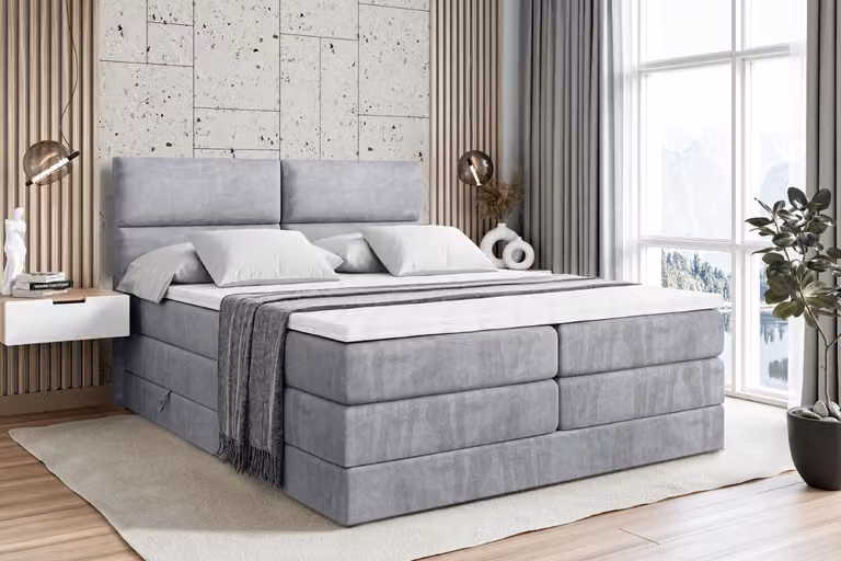 Letto boxspring ALTDECOR con 2 materassi e topper - 140x200 cm - BOXI3 KING - Velluto grigio chiaro - Letto imbottito con materassi H3 e H4, contenitore e rete a doghe, letto con spazio contenitivo