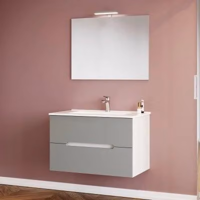 Mobile bagno sospeso Iris Inbagno con lavabo e specchio con illuminazione LED, rovere bianco e tortora, L: 80 cm, P: 44 cm, H: 50,6 cm