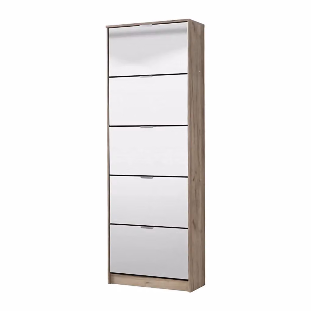 Scarpiera DMORA con specchio e ante a battente, 10 ripiani, Marrone Rovere e Grigio, L: 67 cm, P: 28 cm, H: 191.5 cm – 2