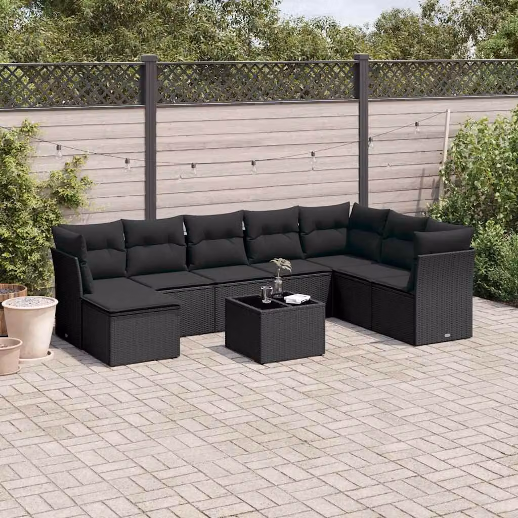 vidaXL Set Divani da Giardino 9 pz a Forma a U in Polyrattan Nero con Cuscini e Tavolino da Esterno – 1