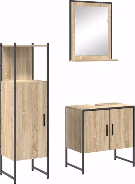 Set di mobili per il Bagno | Armadio da bagno 3 pz Marrone Legno multistrato
