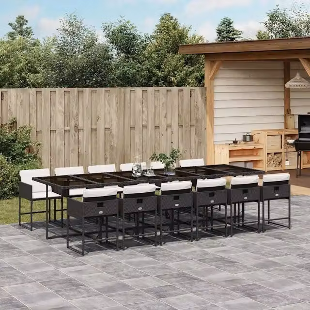 Set da Pranzo da Giardino 13pz con Cuscini Nero in Polyrattan 3211302