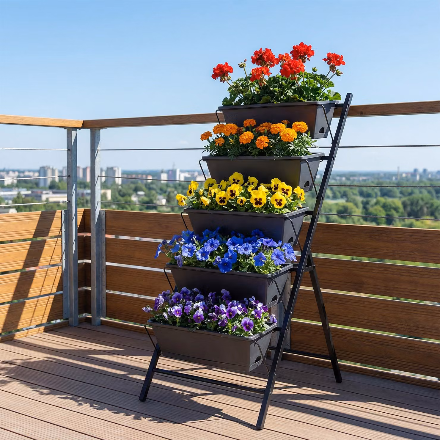 Fioriera verticale Costway in metallo con 5 vasi porta piante, orto rialzato a scaletta salvaspazio per giardino o piante da interno, colore Nero