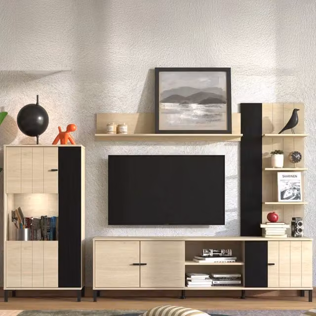 Parete Attrezzata Modulabile DMORA per Soggiorno con Vetrine e Lowboard, Marrone e Beige, L: 263 cm, P: 40 cm, H: 167 cm
