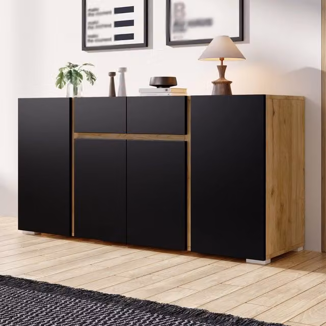 Credenza 140x35x70 cm con 4 ante e 2 cassetti in MDF nero e naturale