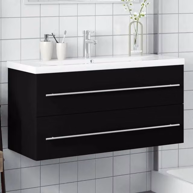 Mobile da Bagno Moderno con Lavabo in Ceramica vidaXL Nero e Bianco, Sospeso, con Cassetti e Ante, L/P/H: 100 x 48 x 38,5 cm – 1