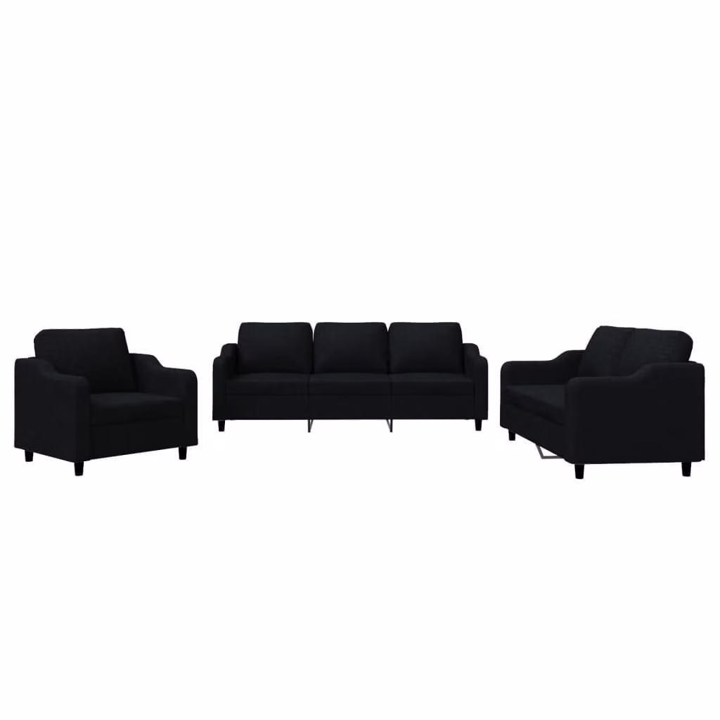 Set di Divani 3 pz con Cuscini Nero in Tessuto