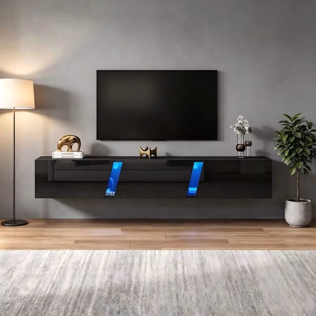 Mobile TV ¨C Minimal ¨C Nero lucido con luci LED, 180x35x30 cm, adatto per TV da 75 pollici