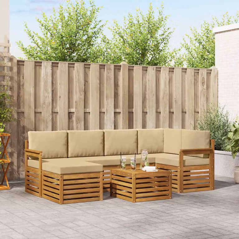 Set di divani da esterno vidaXL a forma di L composto da 7 pezzi in legno di acacia con cuscini, colore beige e marrone