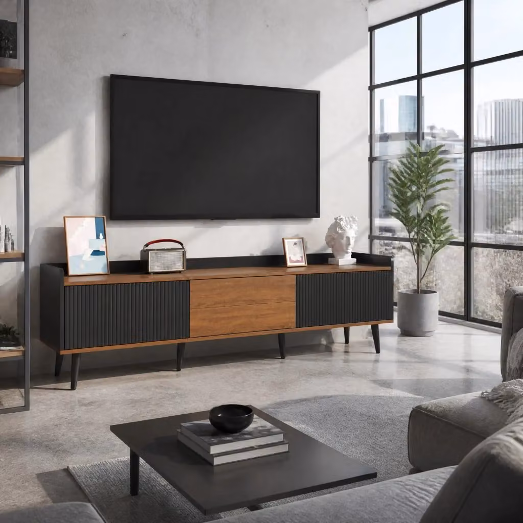 Mobile TV moderno MODFU con 3 ante e vano contenitore, nero e marrone, L 160 cm x P 39 cm x H 49,5 cm – 2