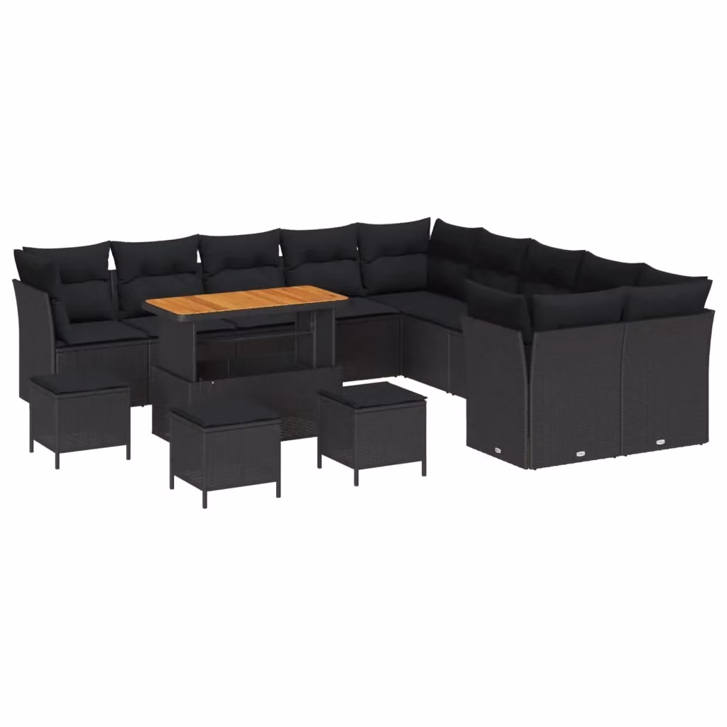 Set Divano da Giardino Moderno vidaXL a Forma a U in Polyrattan Nero con 14 Pezzi, Comprensivo di Cuscini e Tavolino da Caffè – 2