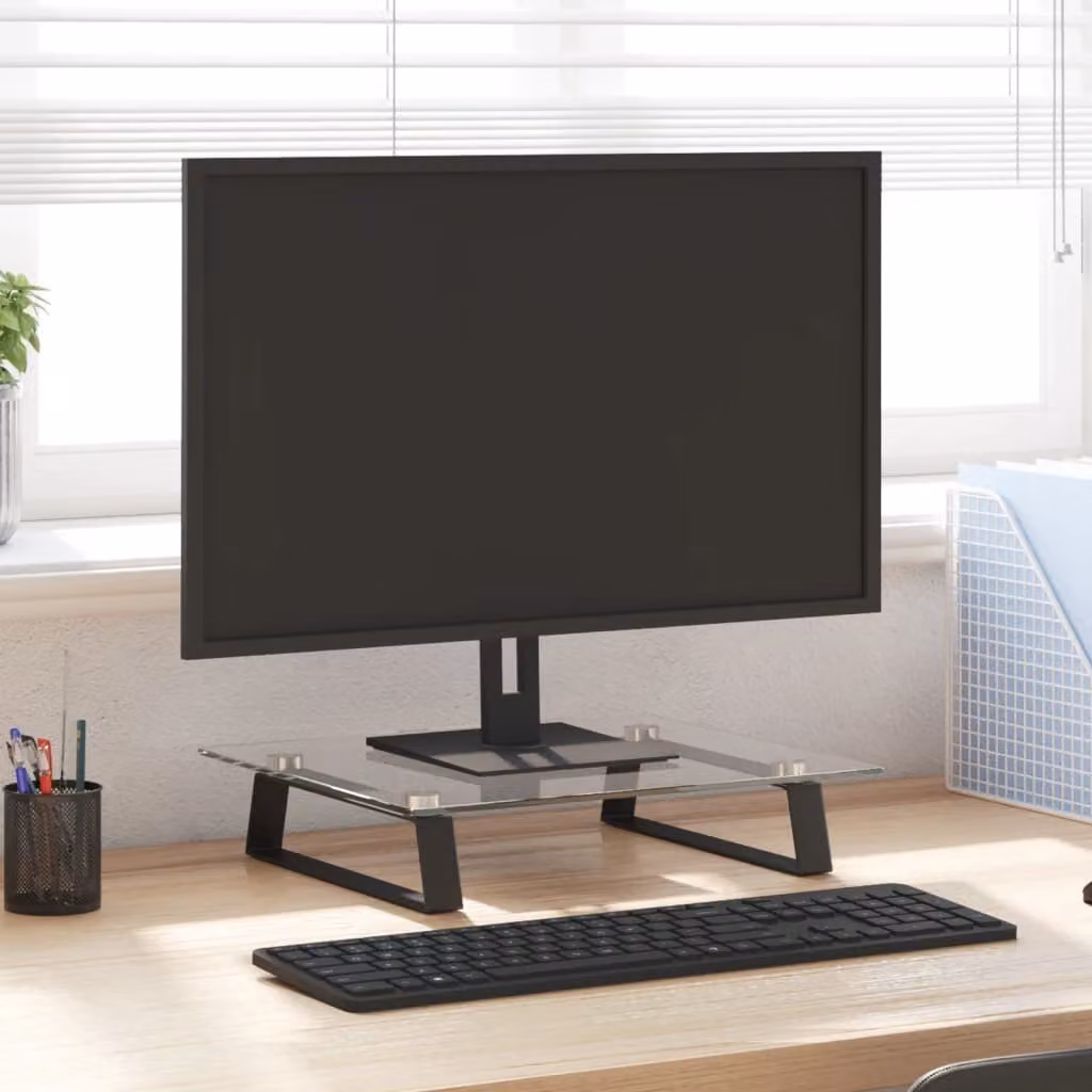 vidaXL Supporto per Monitor in Vetro Temperato e Metallo, Nero e Trasparente, L/P/H: 40 x 35 x 8 cm