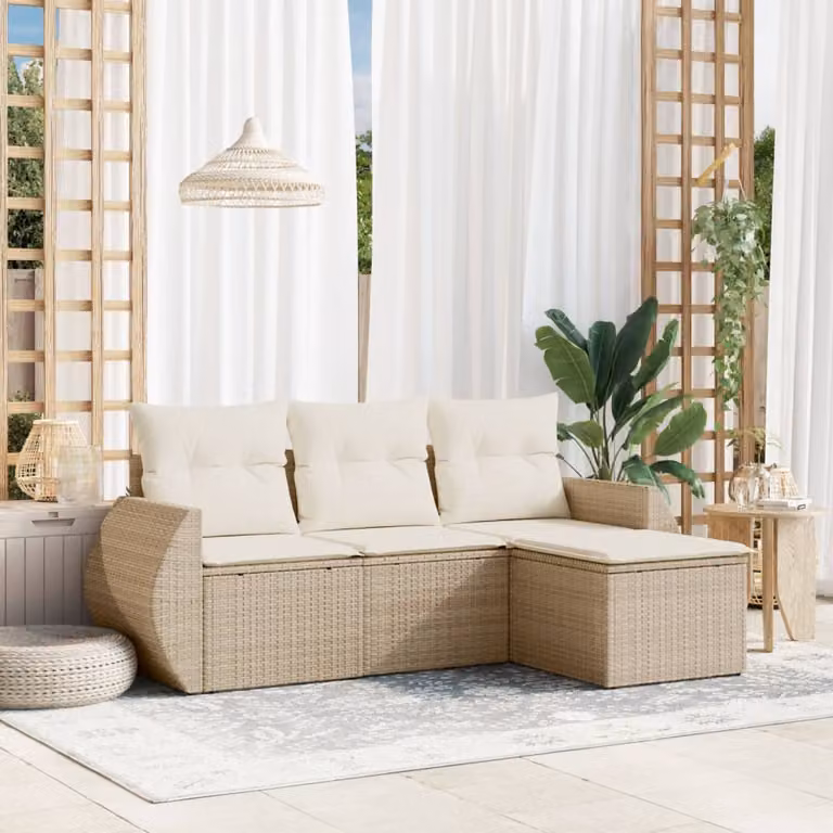 vidaXL Set Divano da Giardino 4 pz a Forma a L in Polyrattan Beige con Cuscini Imbottiti e Coperture Rimosse