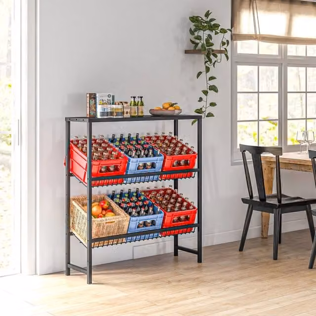 Scaffale porta cassette bevande WISHDOR in metallo nero opaco, modello freestanding con 3 ripiani regolabili, L: 103 cm, P: 33 cm, H: 113,5 cm – 1