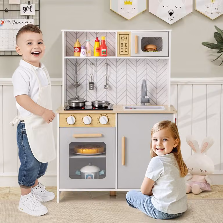 Set da cucina per bambini Costway in legno con luci e accessori, gioco educativo bianco