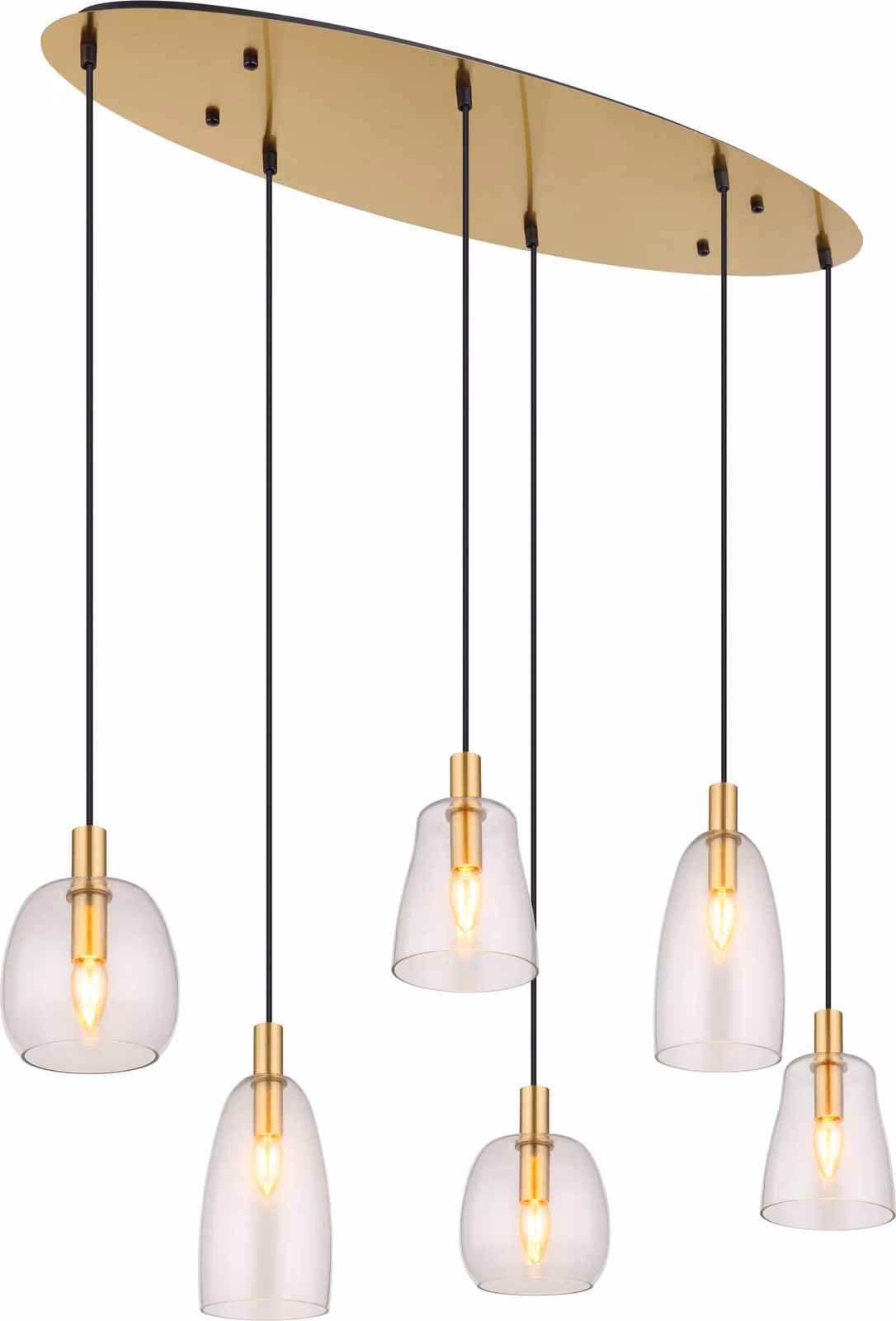 Globo Lighting lampada a sospensione in metallo color ottone, vetro trasparente, cavo in PVC nero, altezza accorciabile, 3 vetri diversi, LxLxH: 970x325x1300mm, escl. 6x E14 40W 230V