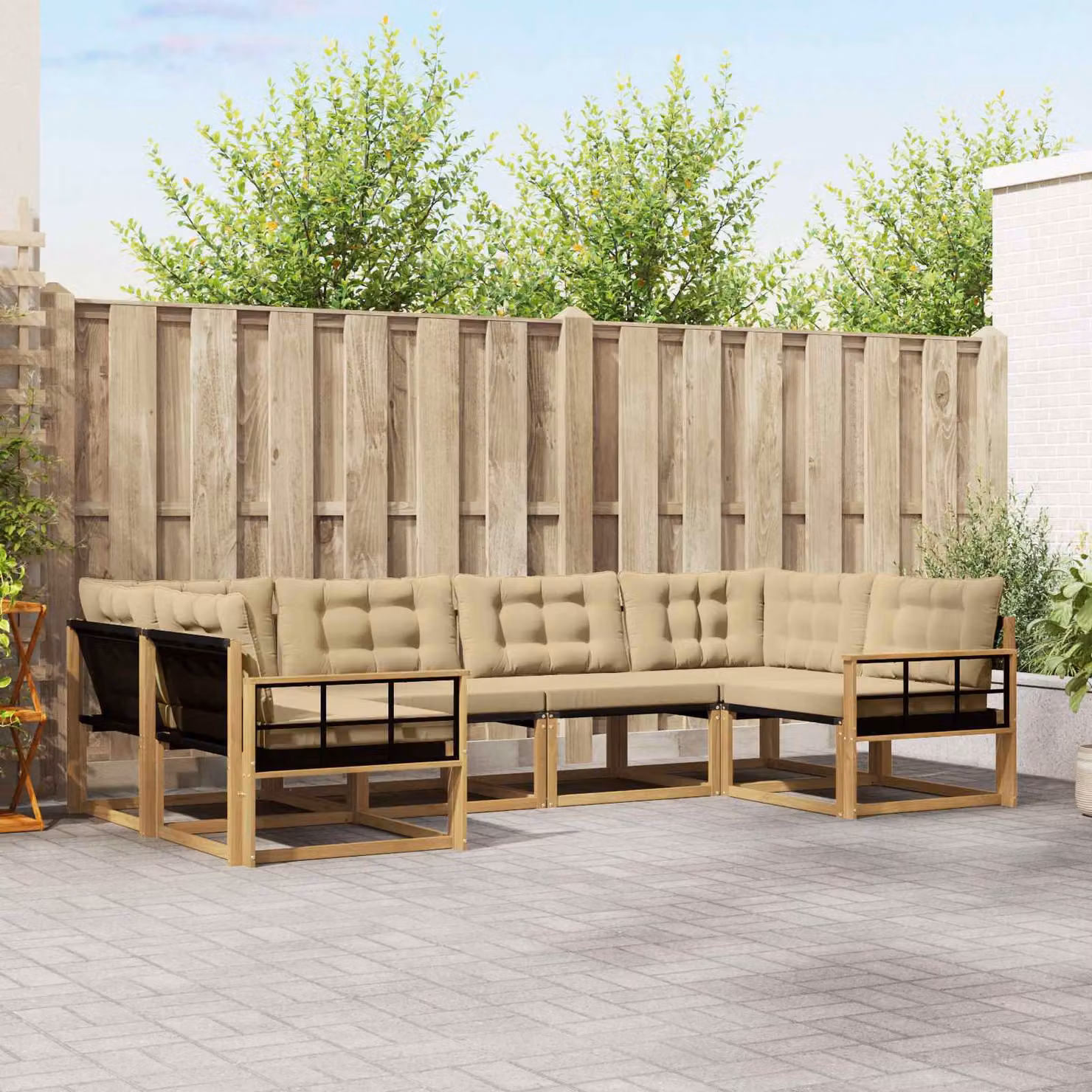 Set di divani da esterno vidaXL a forma di L in legno di acacia con cuscini, Bianco, Beige e Marrone
