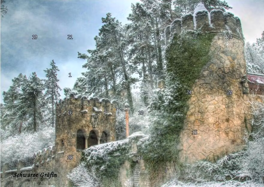 Calendario dell'Avvento "Feste invernali" con motivo "Roseburg nell'Harz"