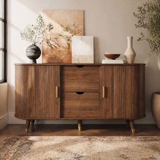 Sideboard 140x40x79;5 cm in MDF noce con 2 cassetti e ripiani aperti