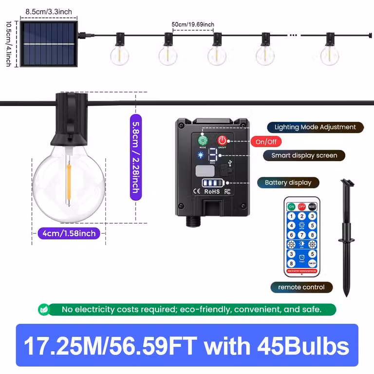 Catena di luci LED a energia solare - Lampadine a forma di sfera G40 - 17,25 metri, 45 lampadine - Telecomando - Timer (3/5/8 ore) - 8 modalità di illuminazione - Grado di protezione IP44
