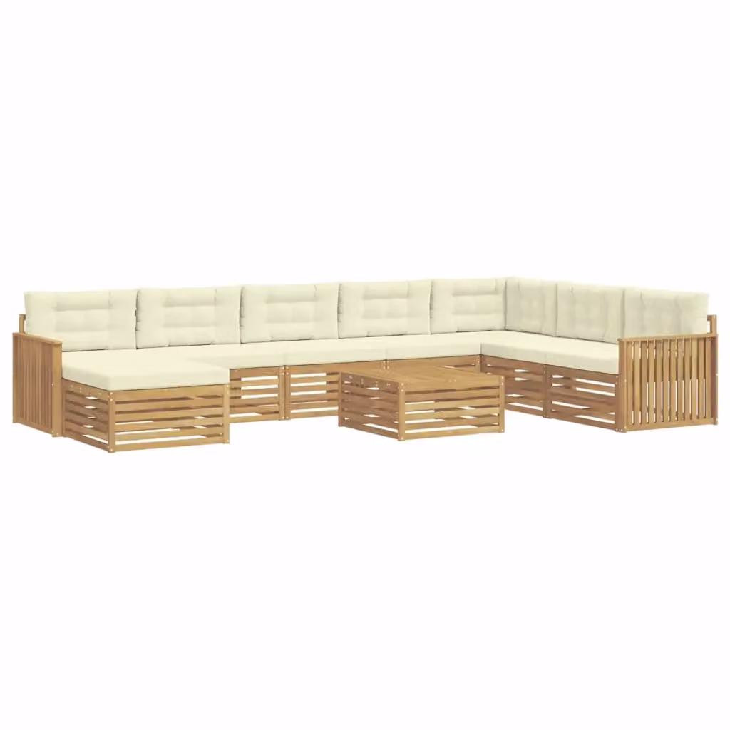 Set di divani da esterno vidaXL in legno di acacia con cuscini, colore bianco e beige, composizione a L con tavolino e pouf, 9 pezzi – 2
