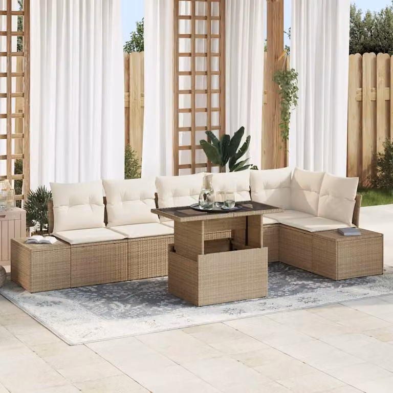 Set Divano da Giardino a L vidaXL in Polyrattan Beige con 7 Pezzi e Tavolino da Caffè in Vetro