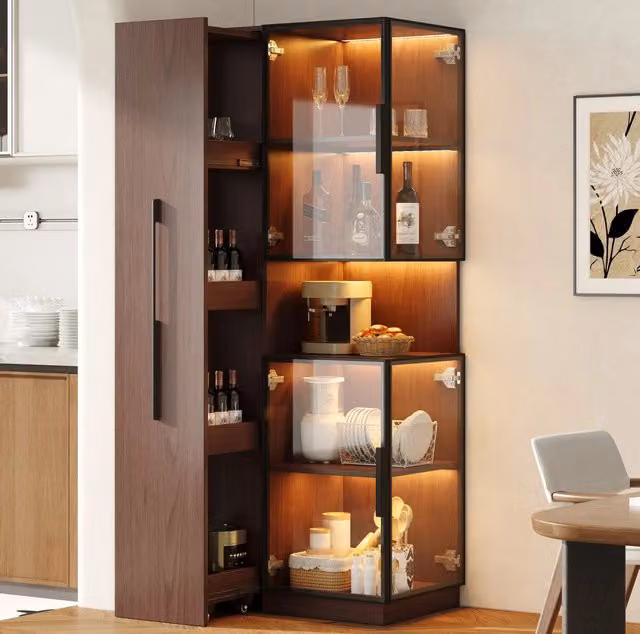Vetrina alta in MDF e vetro con ripiani estraibili e LED multicolore; 70 x 38 x 160 cm; marrone noce