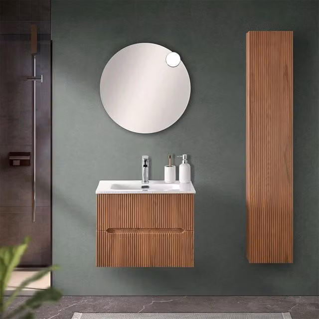 Mobile bagno sospeso Bali con lavabo, design moderno cannettato, colore noce canaletto e bianco, L: 60 cm