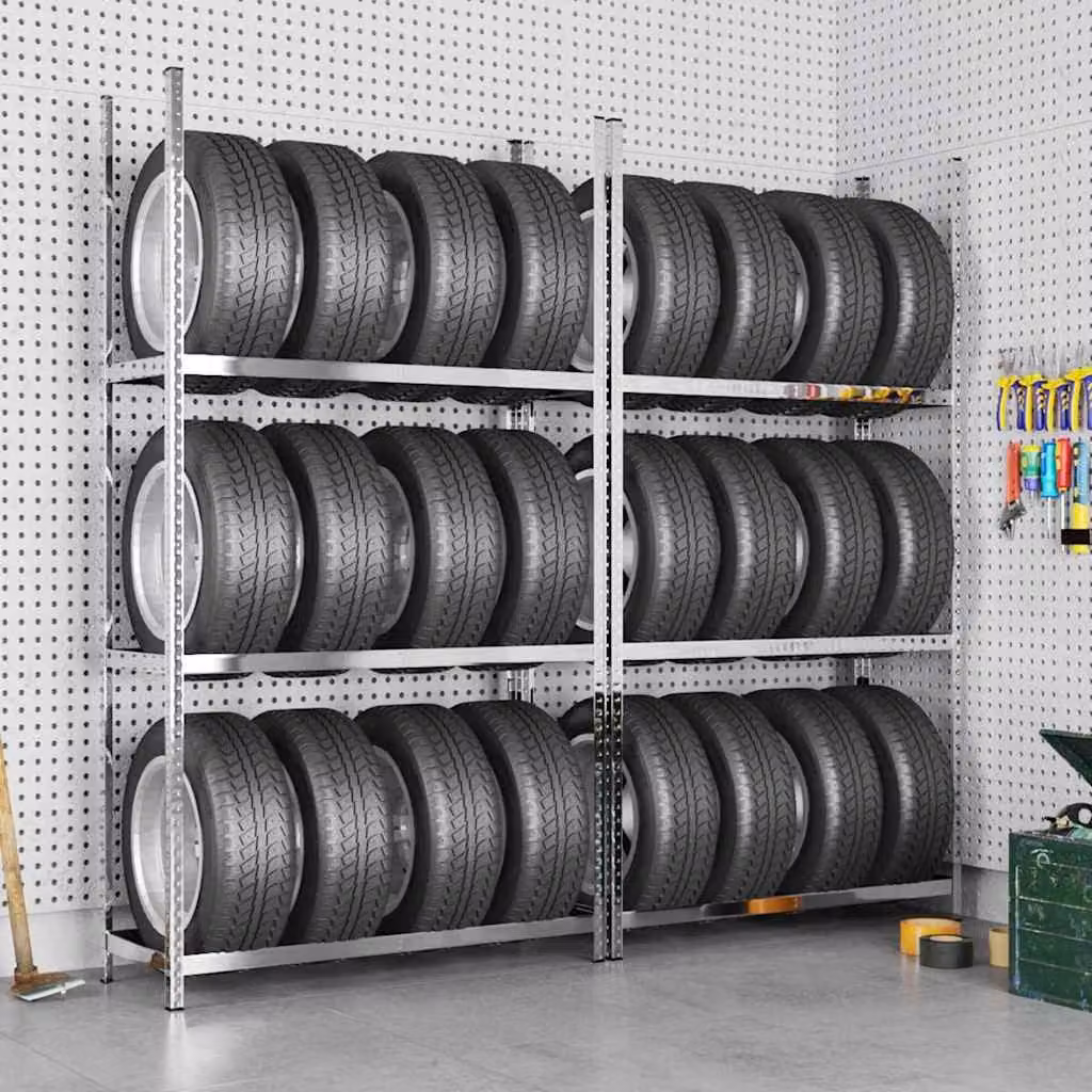 Set di 2 Portapneumatici vidaXL a 3 Strati in Acciaio Argento L/P/H: 110 x 40 x 200 cm