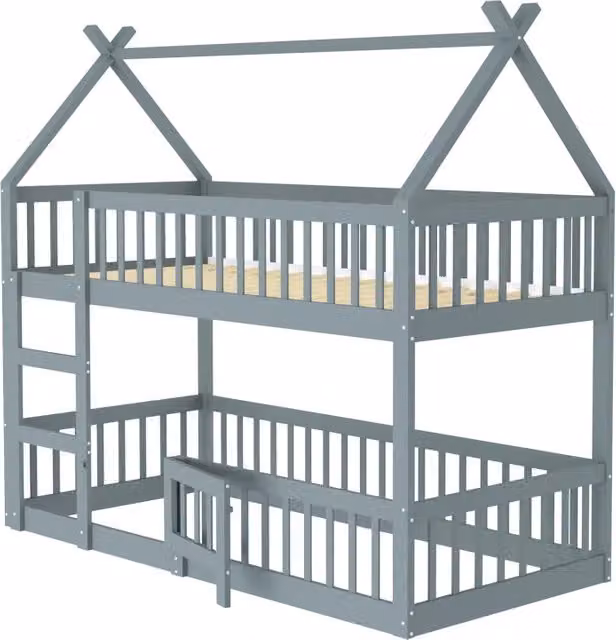 Letto a Castello per Bambini 90x200 cm in Legno Massello con Scala, Design Loft, Grigio