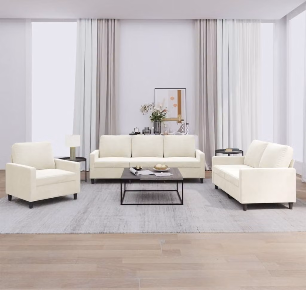 Set di Divani 3 pz con Cuscini Crema in Velluto