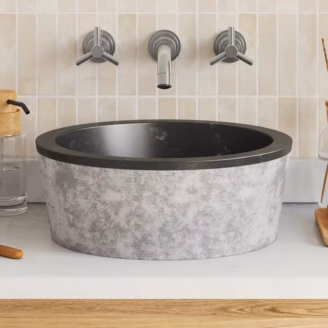 Lavandino in marmo vidaXL nero e grigio Ø40 x H 15 cm