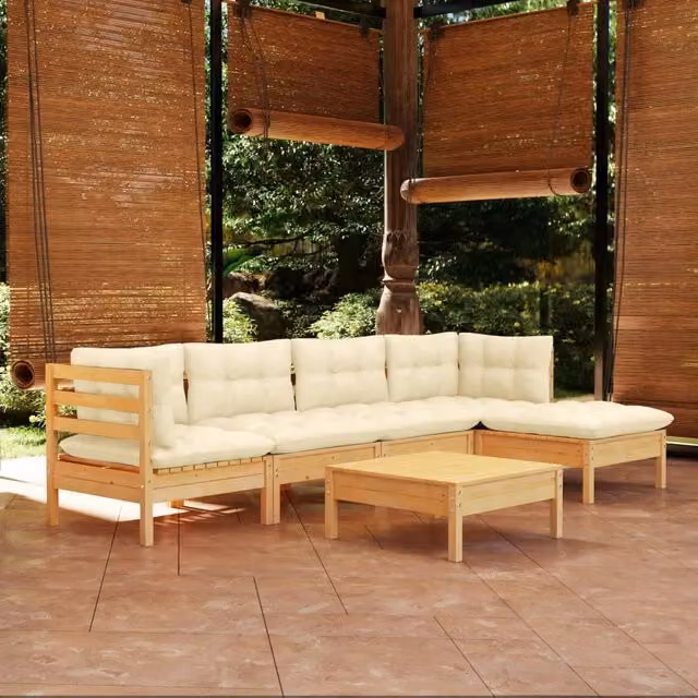 Set Salotto da Giardino 6 pz con Cuscini Crema Legno di Pino 3096364