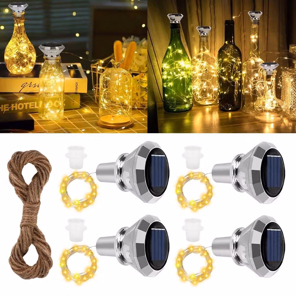 4 luci solari a forma di bottiglia, lunghezza 2 metri, 20 LED, luce bianco caldo, design a diamante