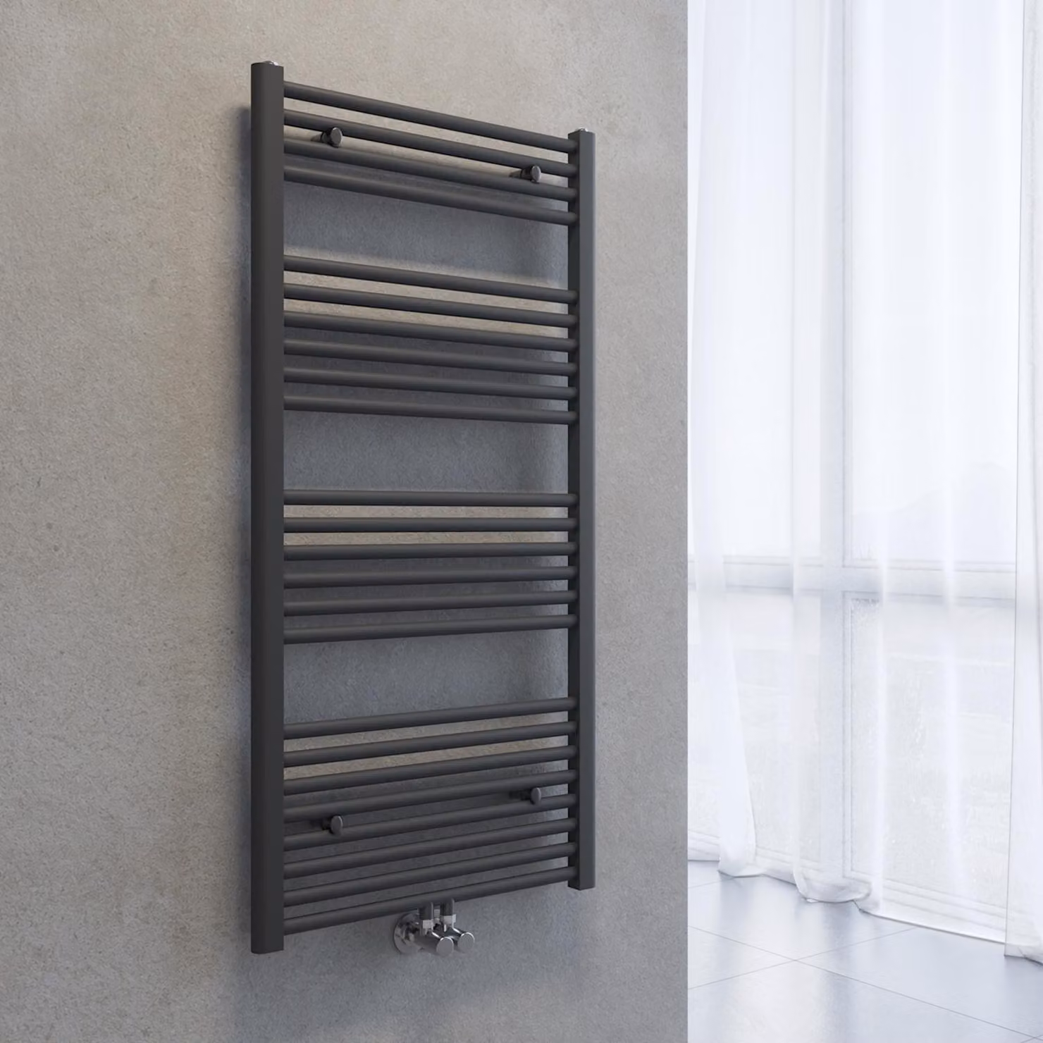 Radiatore asciuga-asciugamani SONNI, dimensioni 1200 x 600 mm, colore grigio antracite, sistema di riscaldamento ad acqua calda, senza resistenza elettrica