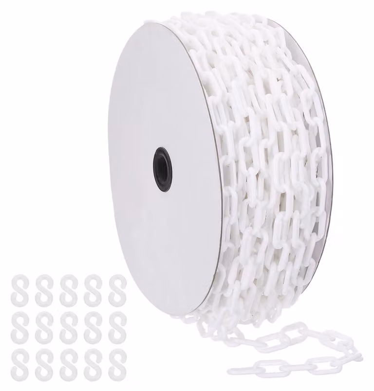 Catena in plastica, lunghezza 35 metri, diametro 6 mm, colore bianco, con 15 ganci, per il controllo della folla