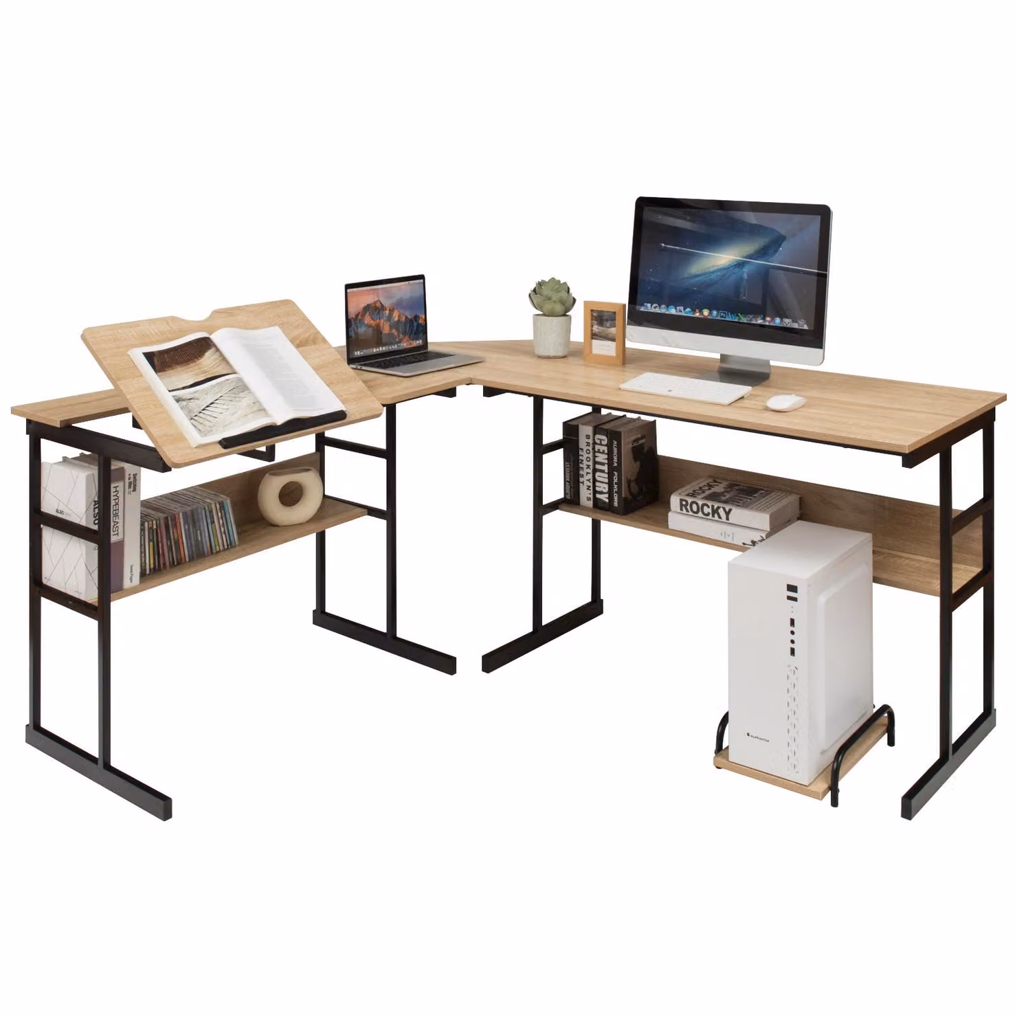 COSTWAY Scrivania angolare a L, scrivania per computer con piano inclinabile, 2 ripiani e supporto per CPU 170x150x75cm Naturale