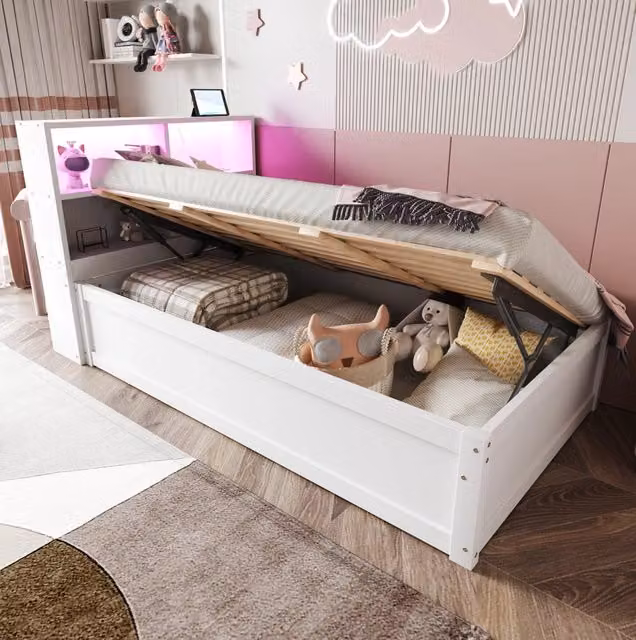 Letto multifunzione MODFU bianco con contenitore a sollevamento, illuminazione LED e porta USB, L/P/H: 90 x 200 cm