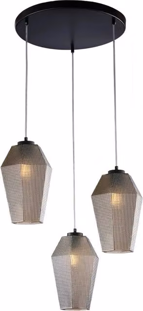 Sospensione 3 Luci Prisma In Ferro Laccato Bianco E Vetro Grigio Specchiato