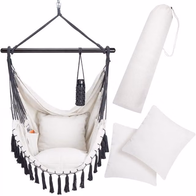 Poltrona sospesa DETEX in stile boho con cuscini inclusi, disponibile nei colori beige, grigio o bianco, L: 170 cm, P: 100 cm, H: 150 cm – 1