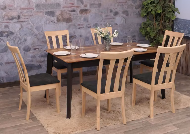 set di 6 sedie per sala da pranzo HWC-G46, sedia da cucina Sedia, tessuto/tessuto legno massiccio ~ struttura color naturale, nero