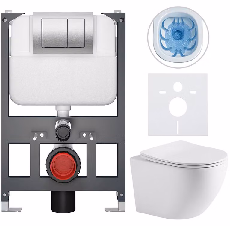 Set completo per WC sospeso "Cesso" - bianco opaco - pulsante Prime/Maxio, argento - installazione a parete/con pannello di cartongesso - modulo basso - dimensioni 49x36 cm